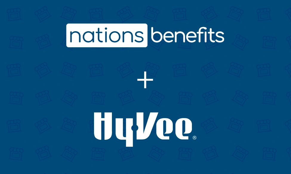 A Hy-Vee storefront and NationsBenefits logo representing a partnership to provide real-time healthcare benefit integration for groceries and OTC wellness products