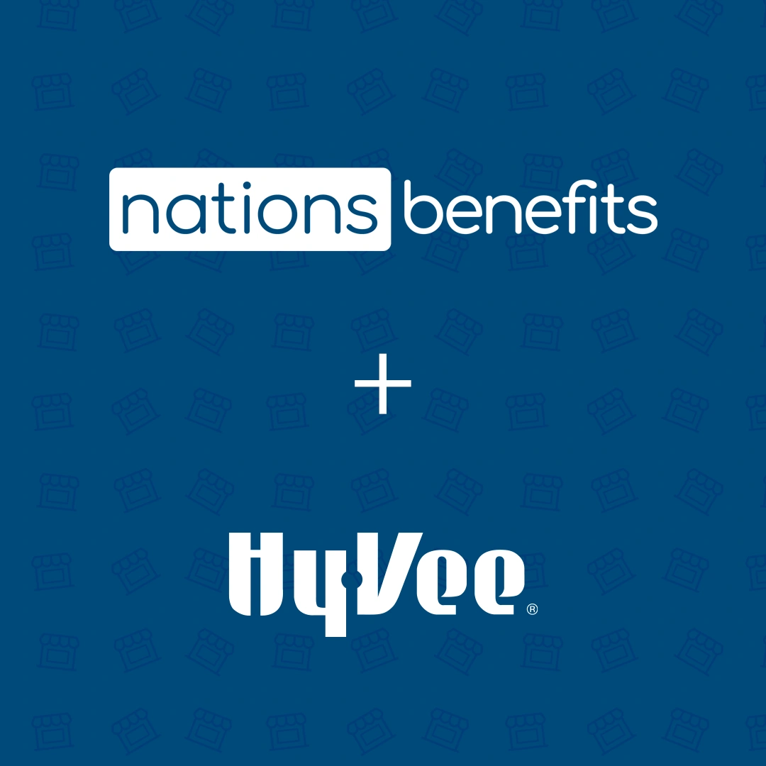 A Hy-Vee storefront and NationsBenefits logo representing a partnership to provide real-time healthcare benefit integration for groceries and OTC wellness products