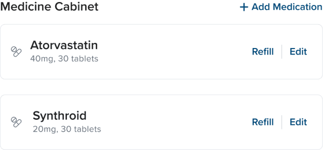 Digital medicine cabinet that provides an overview of members medications and convenient, one-click refill connections with local pharmacies